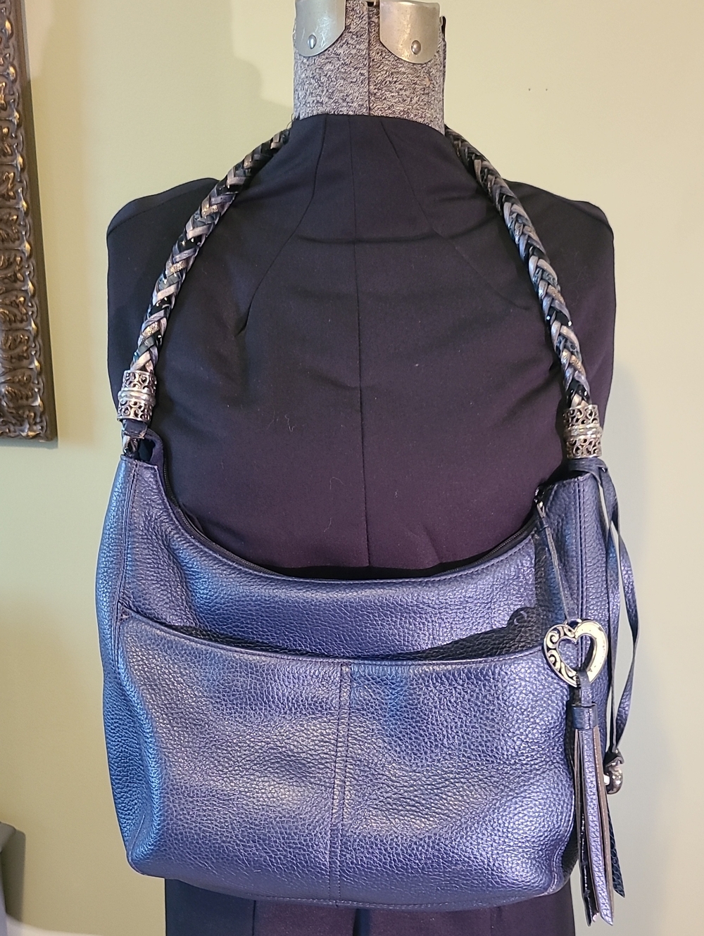 Brighton Navy Leather Shoulder Bag with Braided Handle